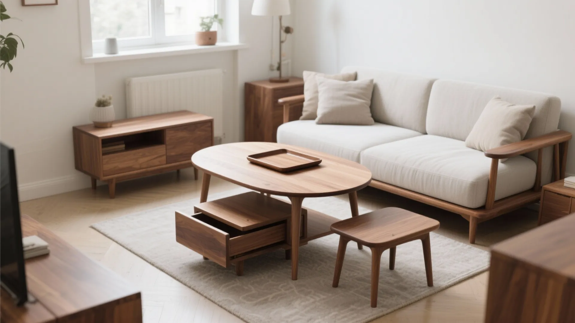 Modular wood coffee table system with nesting stools