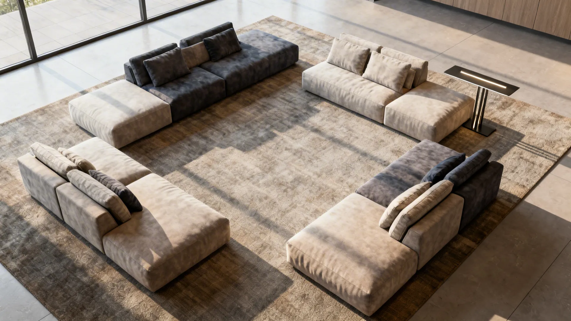 Top-down layout showing modular oversized seating arranged in different configurations in an open-plan room.