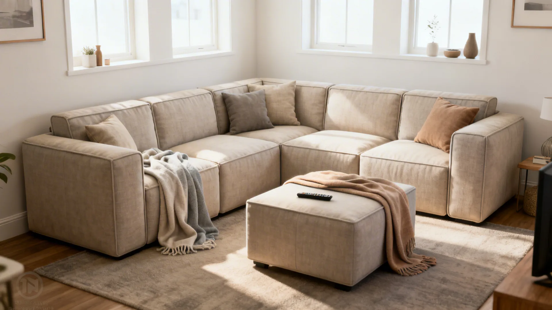 Compact modular sofa in a small living room configured into a cozy movie-night layout.