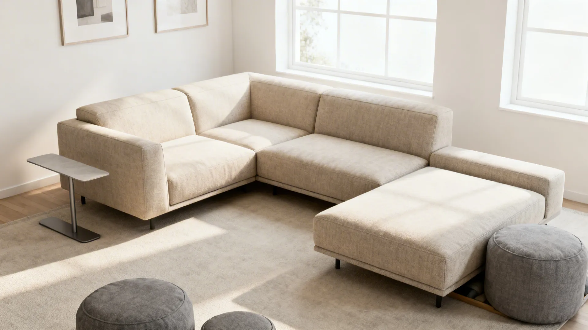 Compact modular sofa with movable chaise arranged in a small studio space