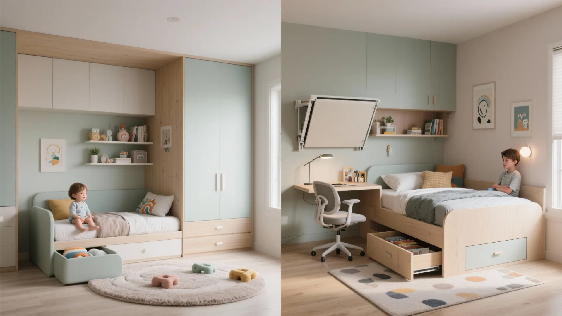 Side-by-side comparison of a toddler bedroom and a teen bedroom with integrated desk and storage