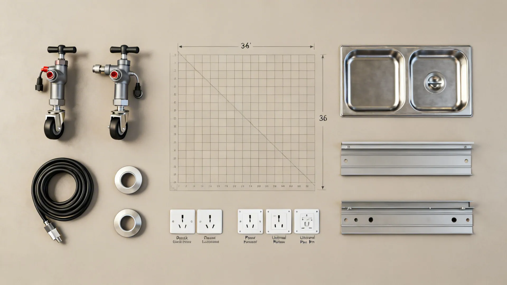 Flat lay of quick-connects, casters, stainless inserts, and gridded utility plan.