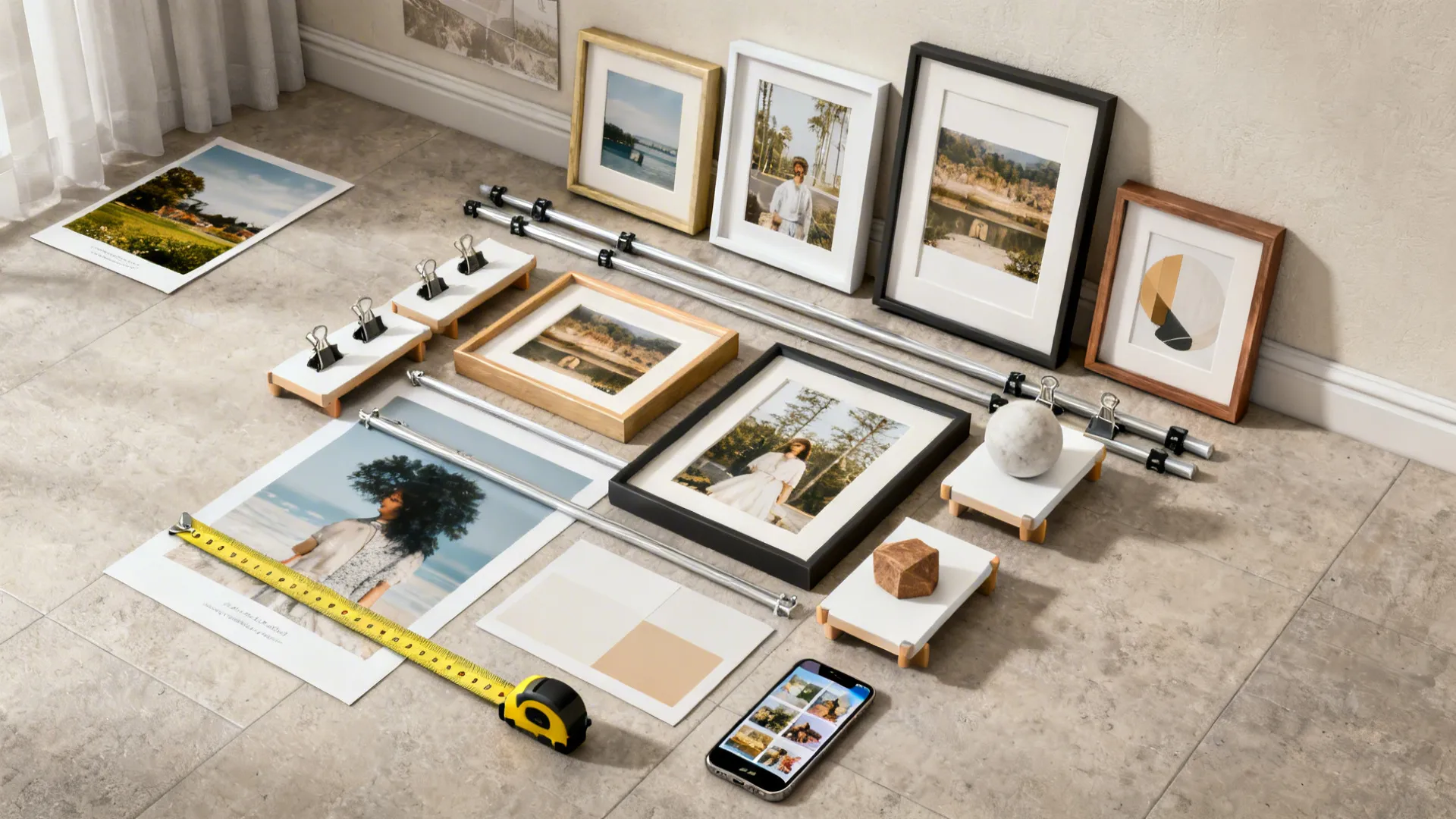 Modular frames and ledges arranged on the floor for testing compositions before hanging.