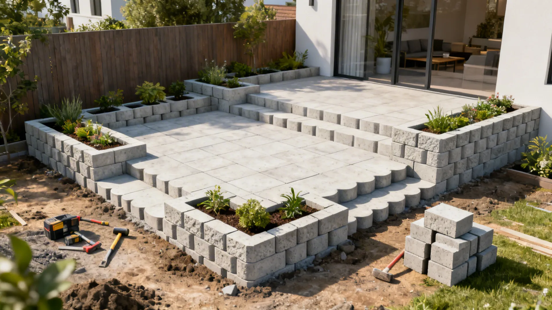 Modern terrace made from segmental interlocking concrete blocks with planting pockets