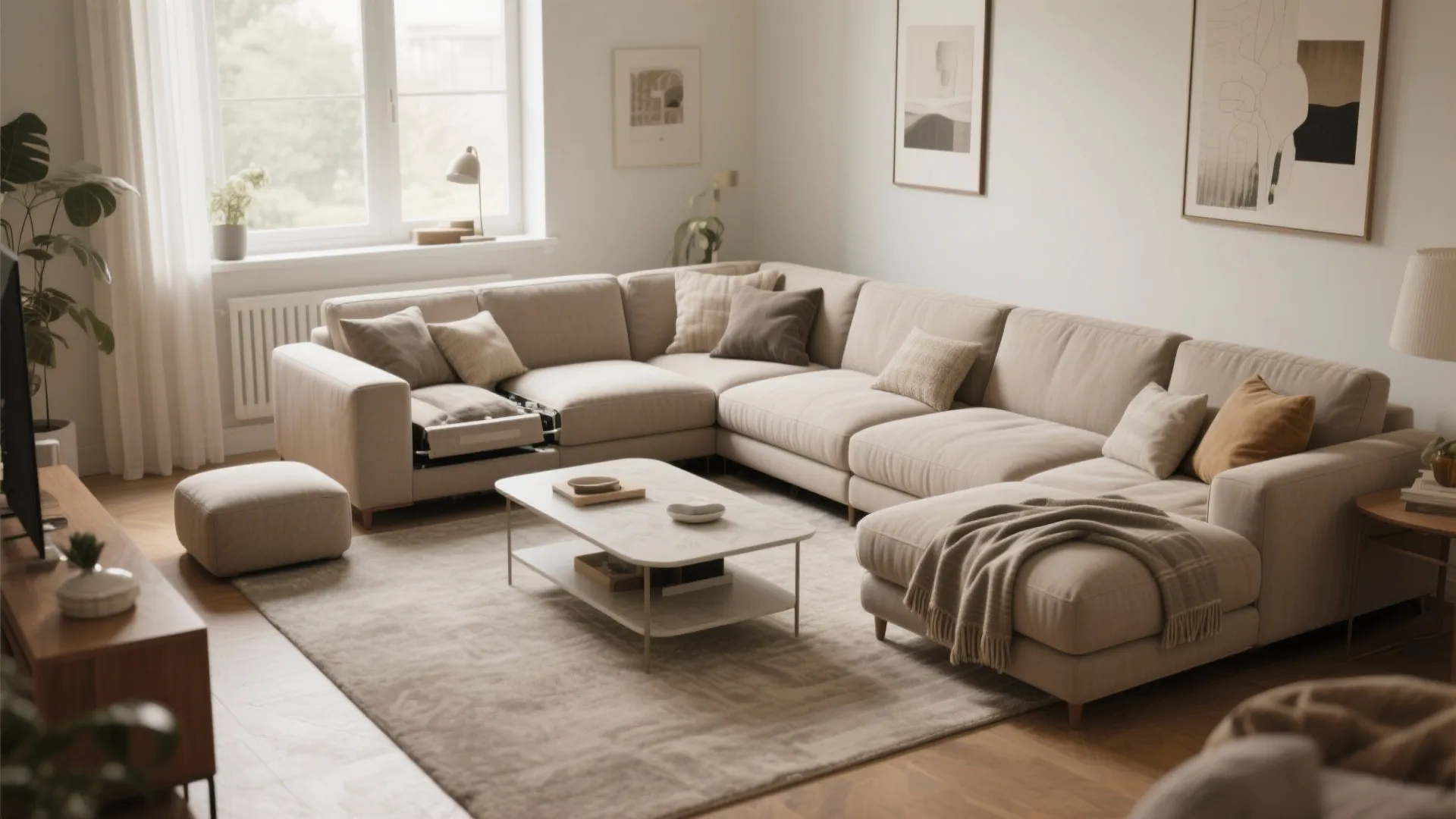 Large beige corner sofa in a bright living room with coffee table and area rug