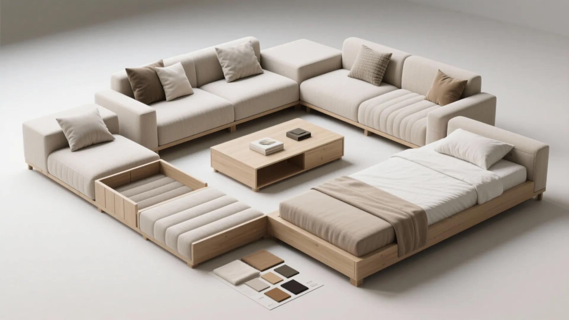 Modular sofa furniture set arranged in square layout around wooden coffee table on white background