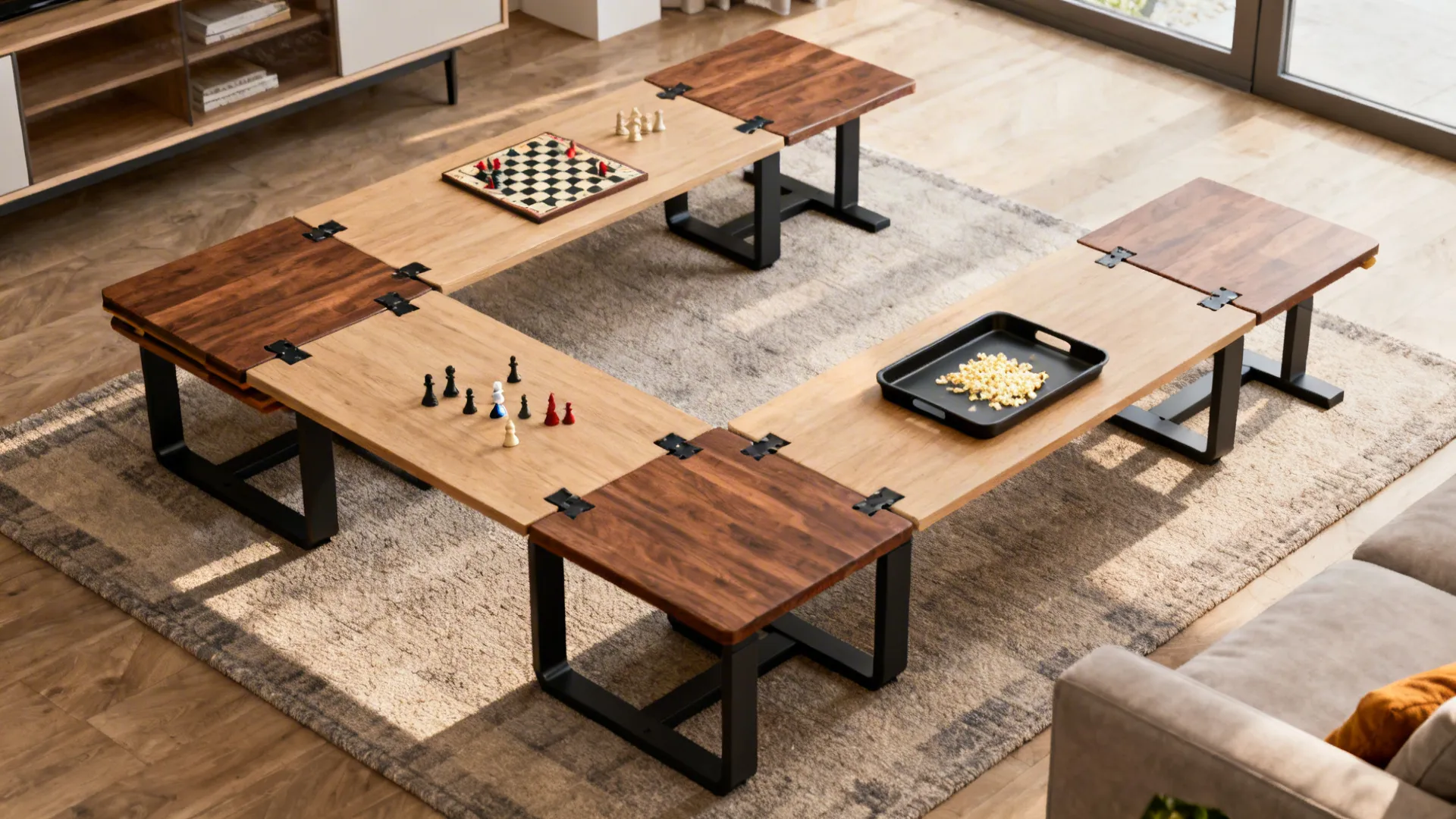 Modular wooden coffee table set arranged in a square layout with board games and snacks