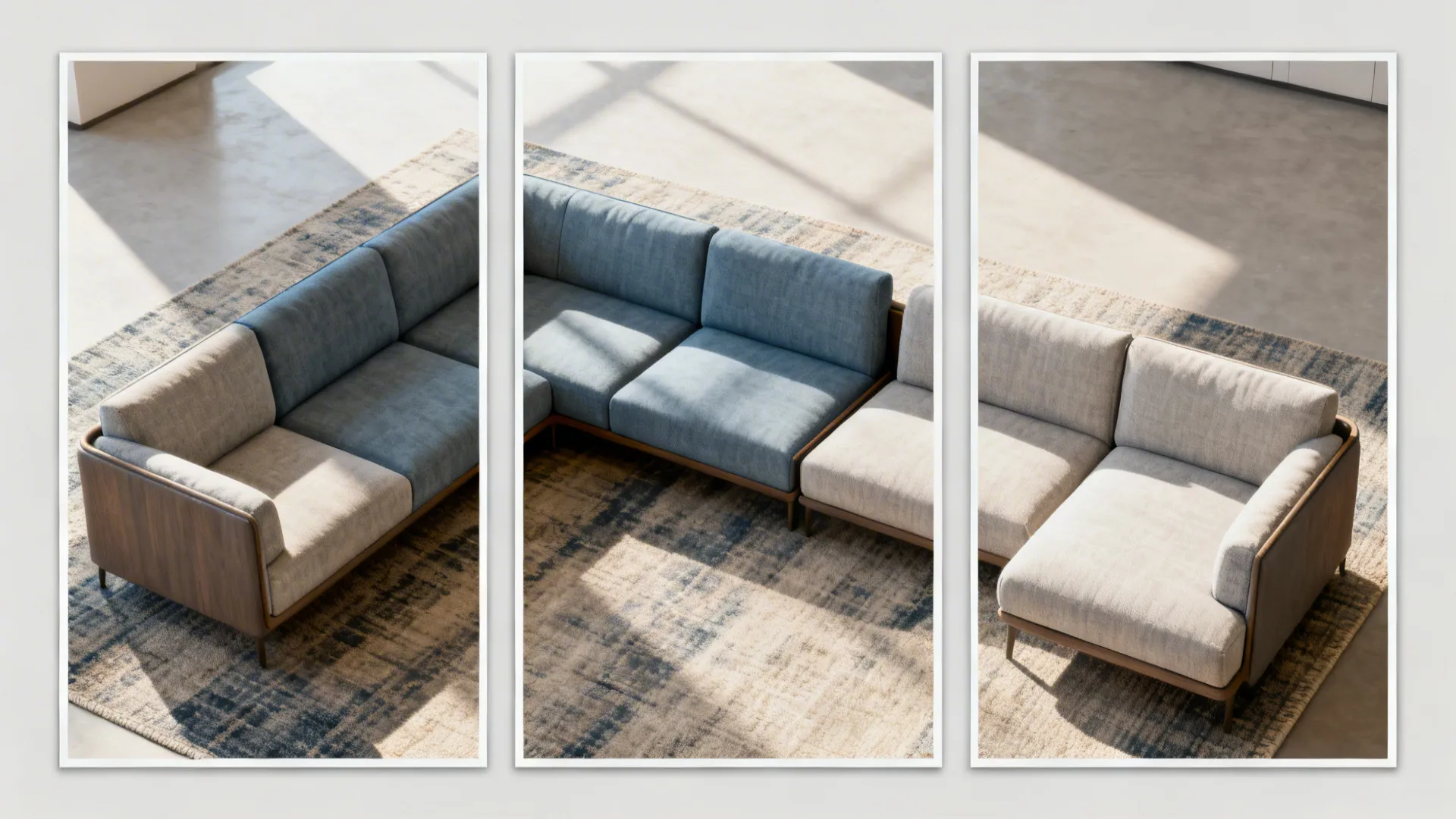 Top-down panels showing modular sofa arranged three ways: full, chaise, and split seating.