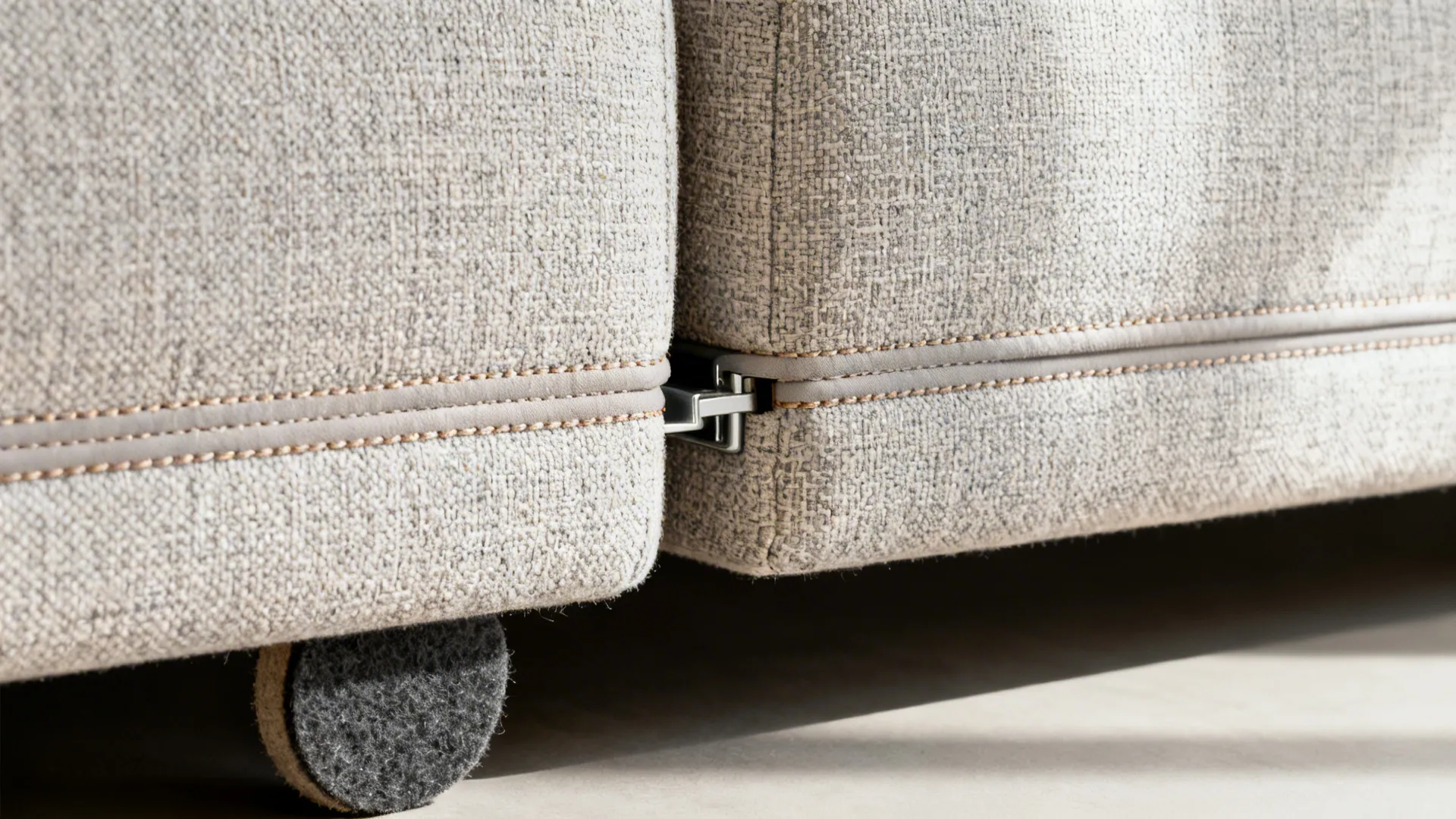 Macro of hidden bracket connector and tight upholstery seam on a modular U-shaped sectional.