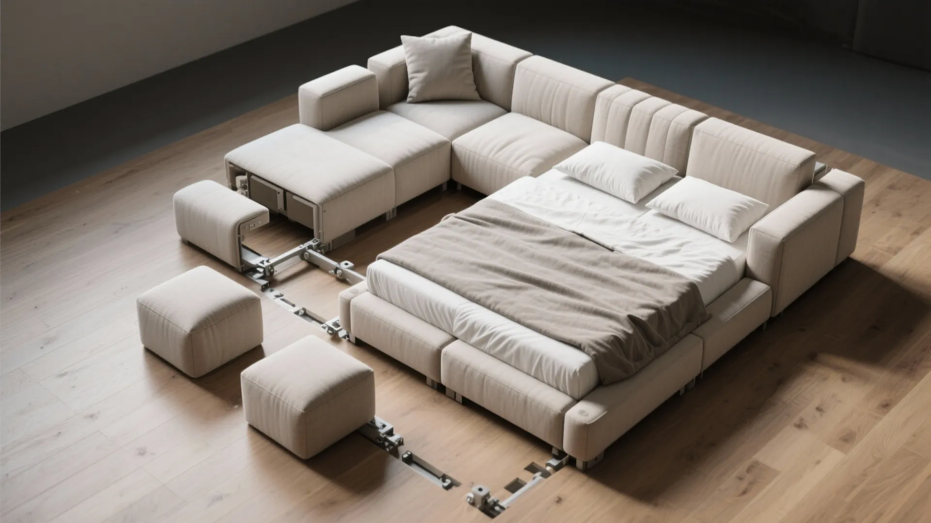 Modular cream sofa being converted into a bed on wooden floor showing metal frame support