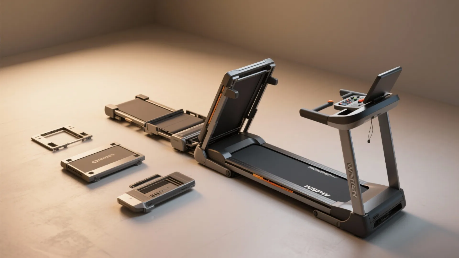 Top-down sequence of a convertible treadmill transforming between configurations on a studio floor.