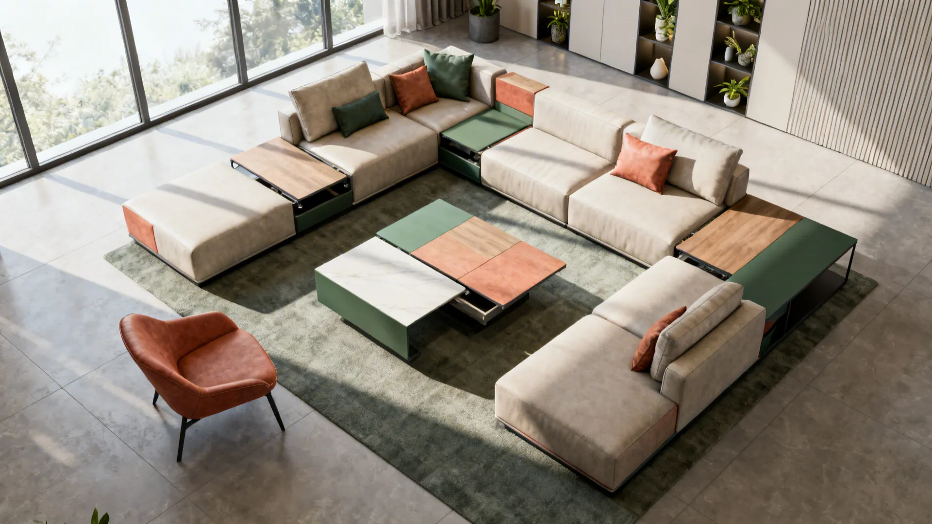 5. Modular Sofa Pieces + Convertible Table + Accent Chair + Slim Shelving
