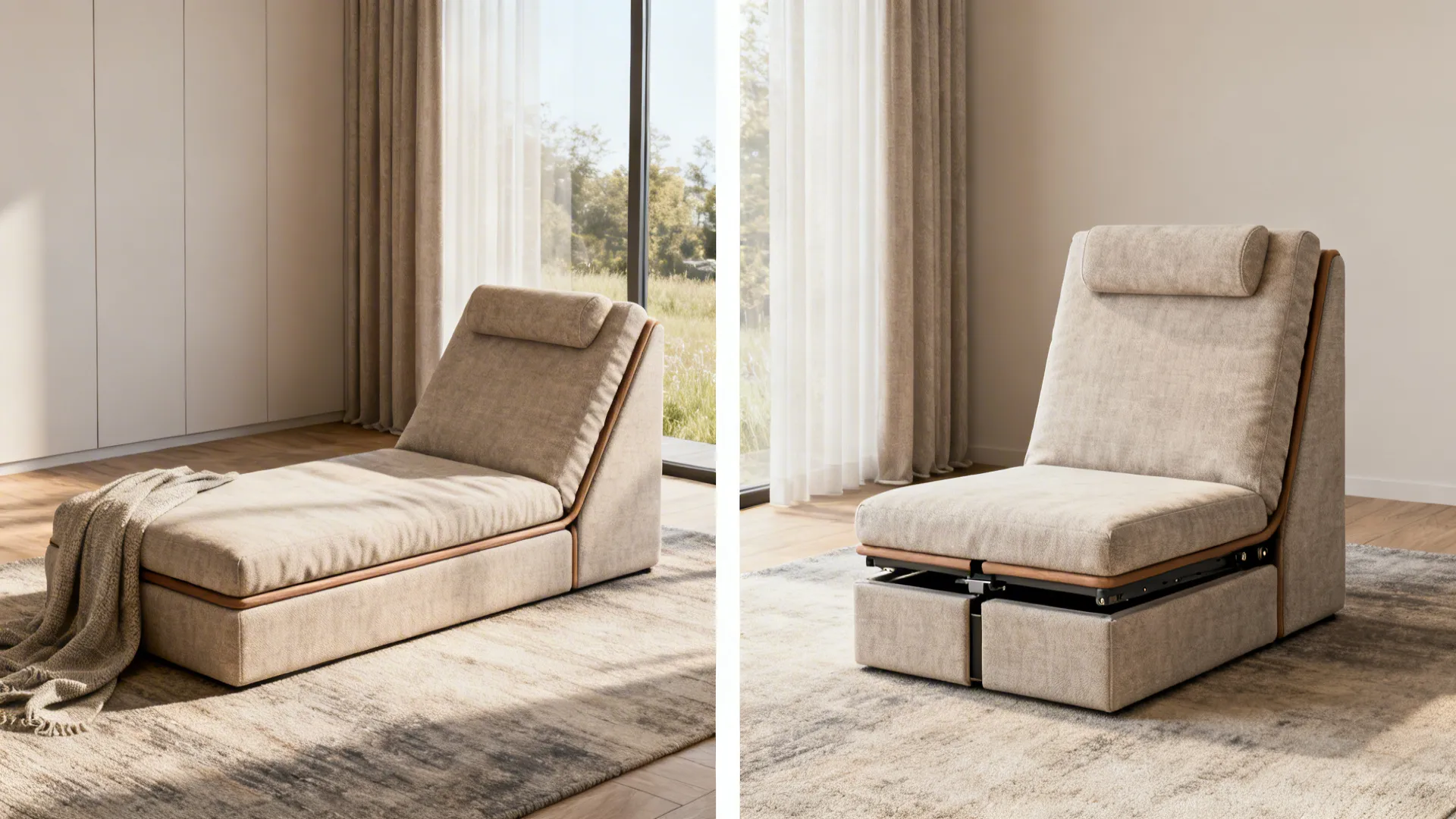Before-and-after view of a modular chair converted between chaise/daybed and compact seating modes