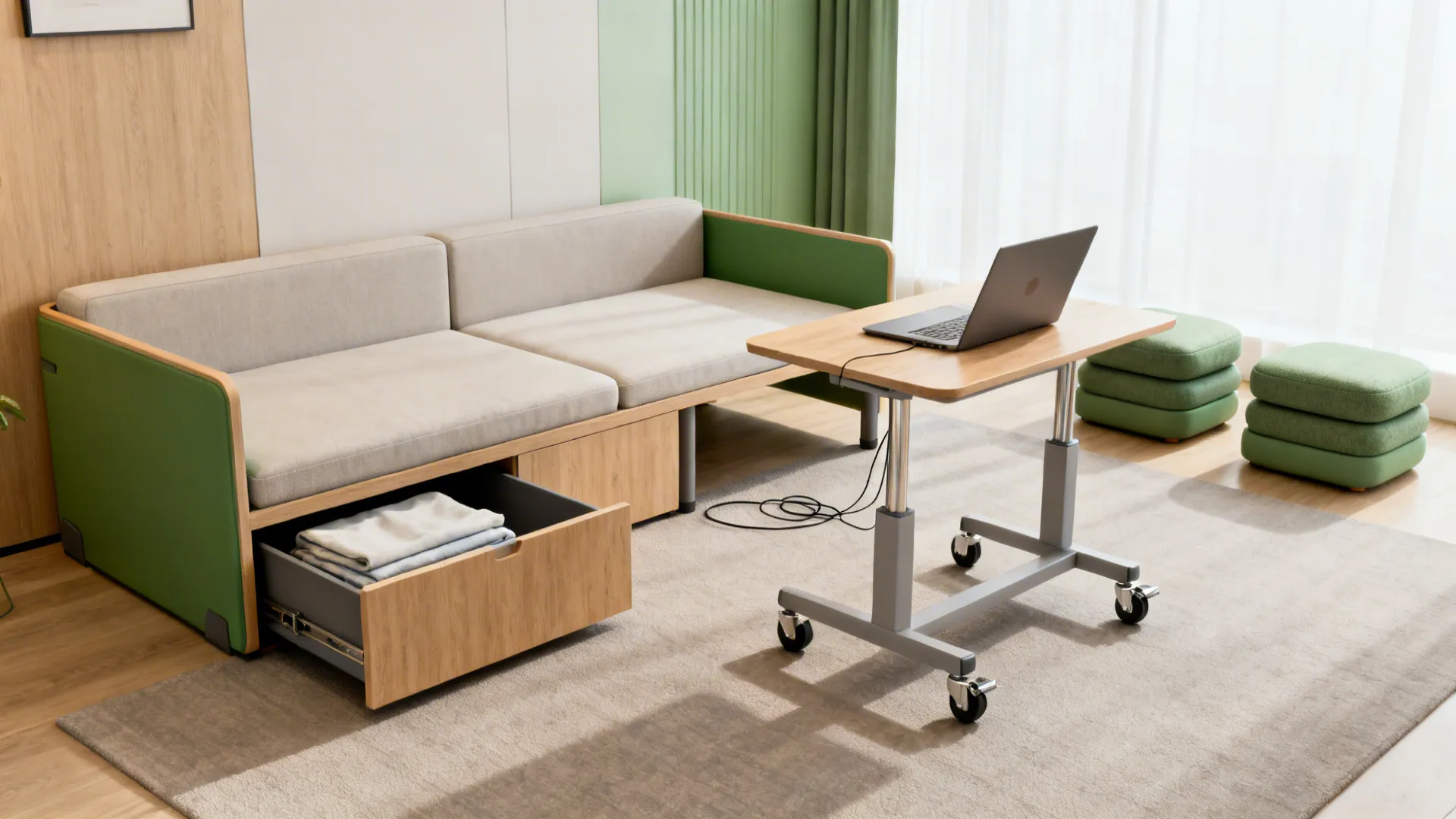 Convertible sofa bed, storage ottoman, rolling coffee table, and stackable poufs in a small living room.