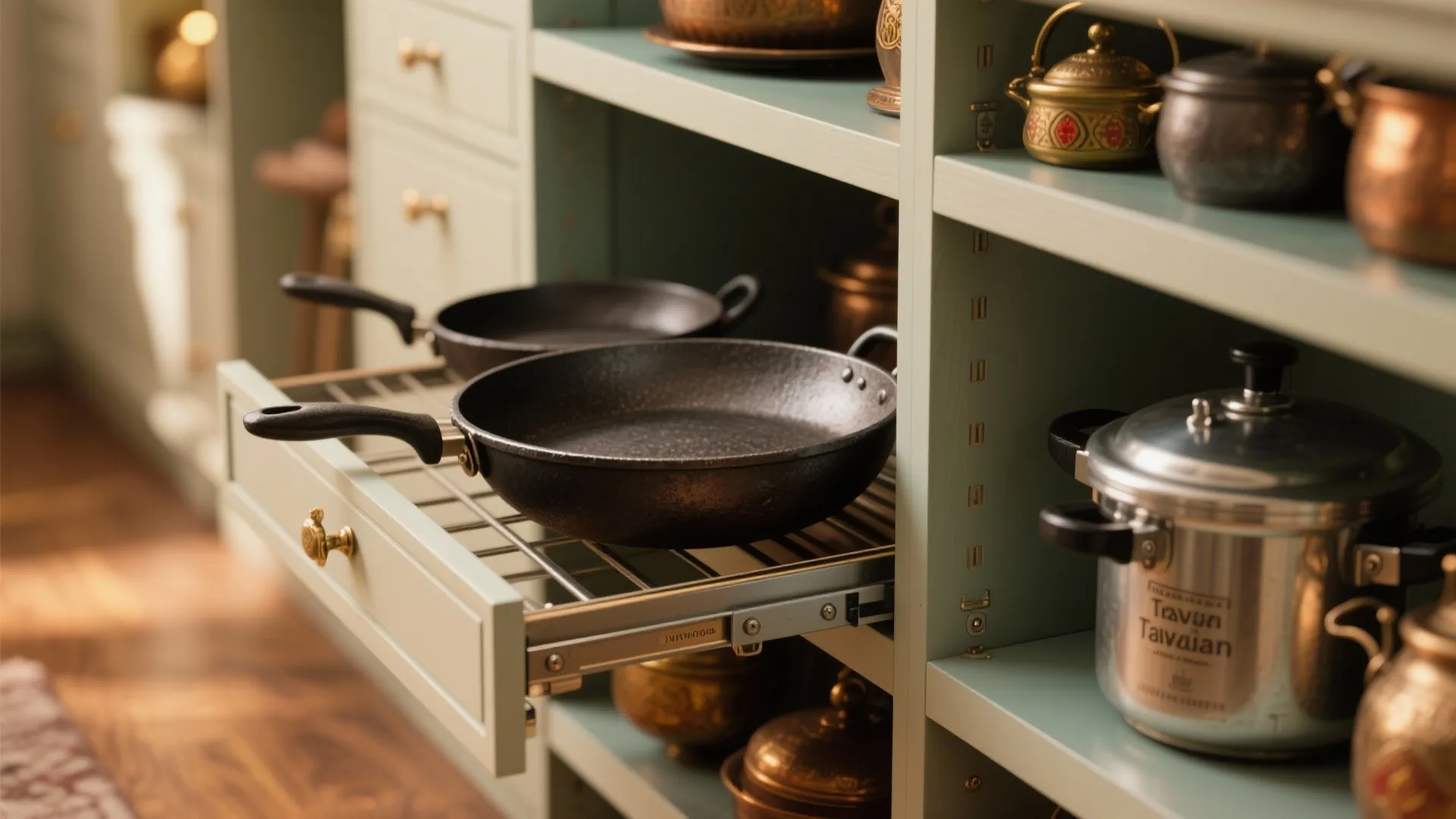 Modern kitchen cabinet with pull out wire rack holding black frying pans and metallic pots