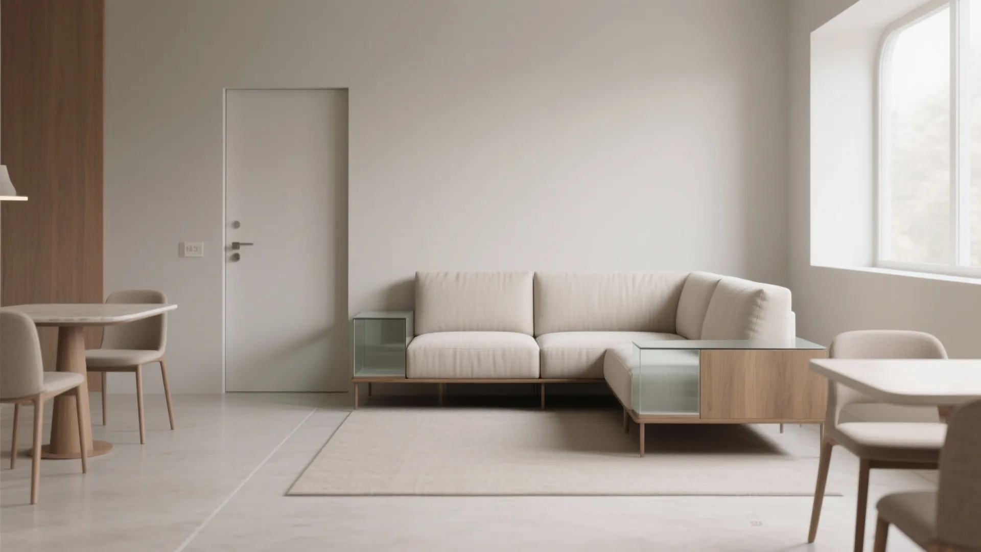 Minimalist interior design drawing of a modern living and dining area with large corner sofa