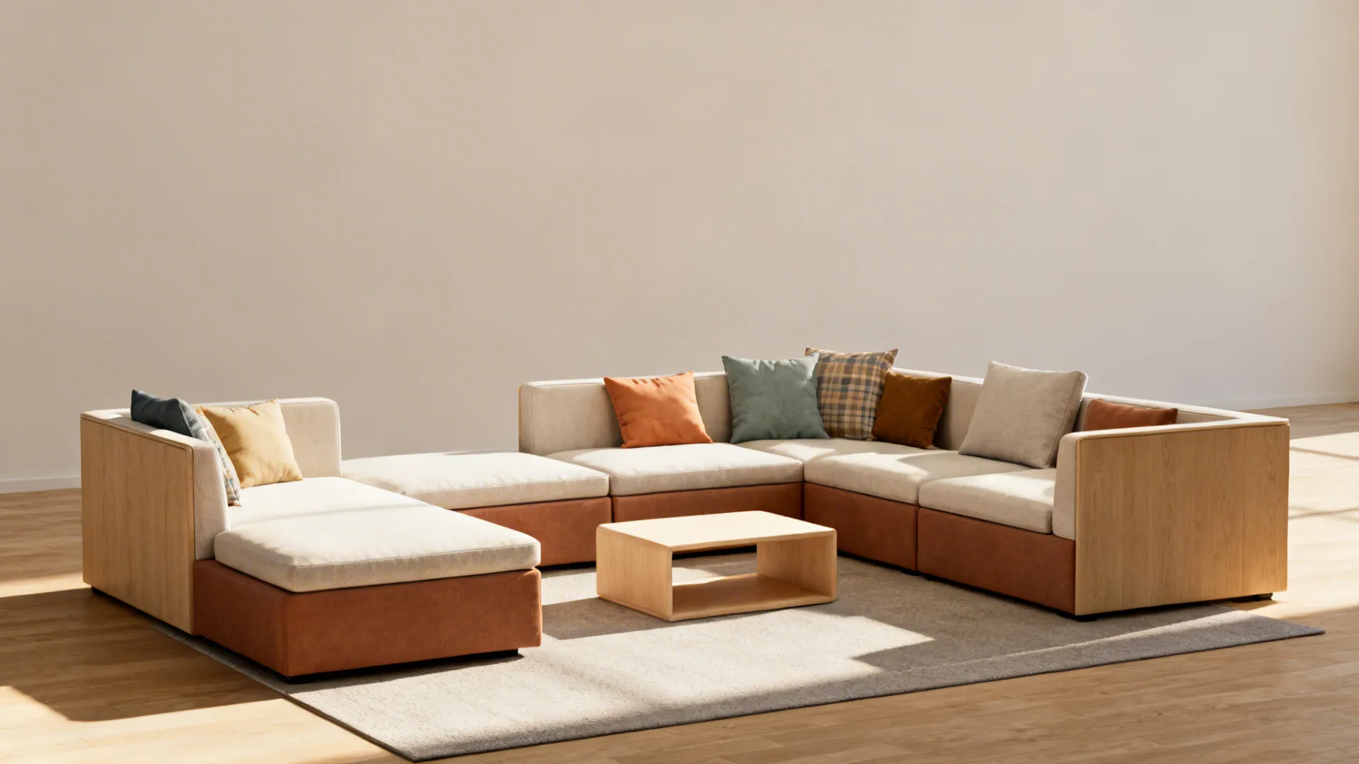 Small living room showcasing a reconfigurable modular corner sofa arranged as chaise and separate seating.