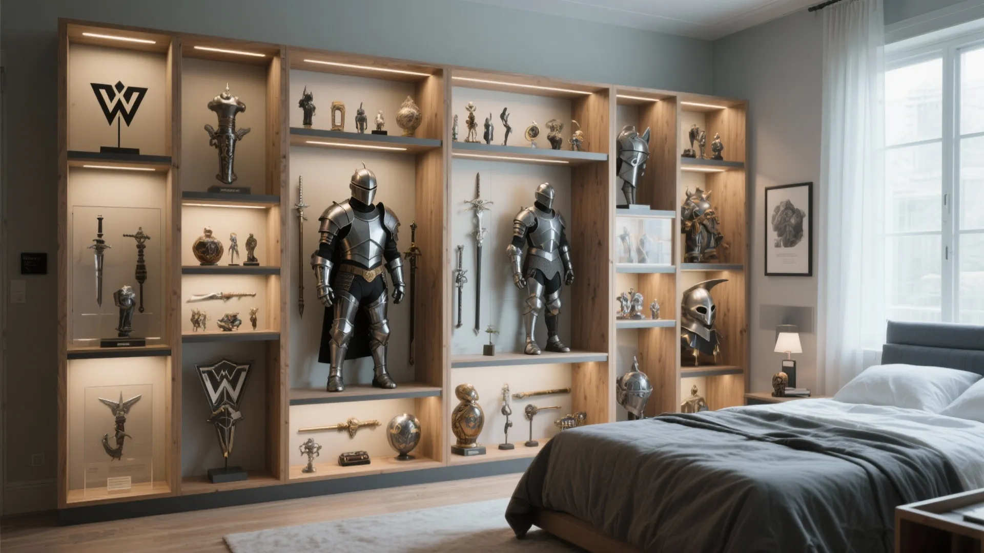 Modular shelves displaying cosplay gear neatly