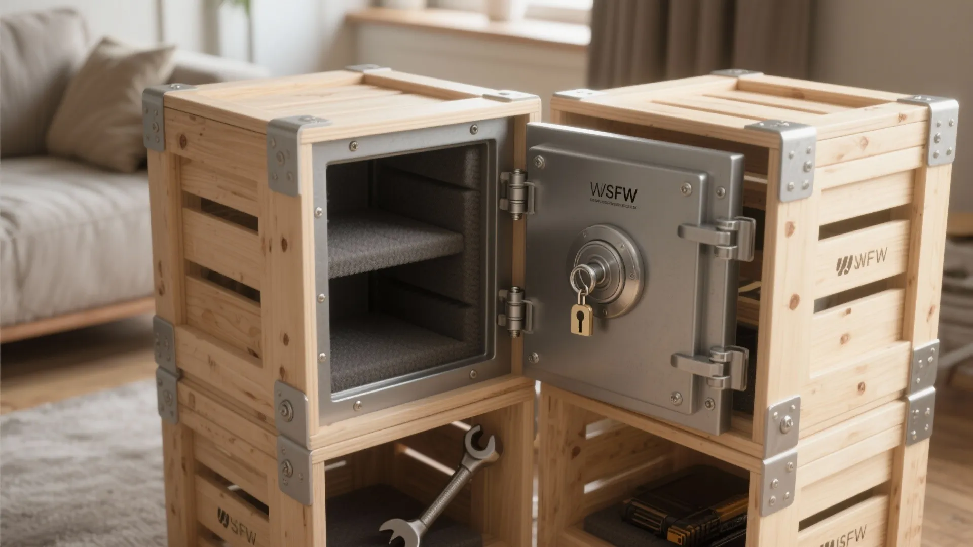 Metal safe box built into wooden storage crates in a living room with a sofa