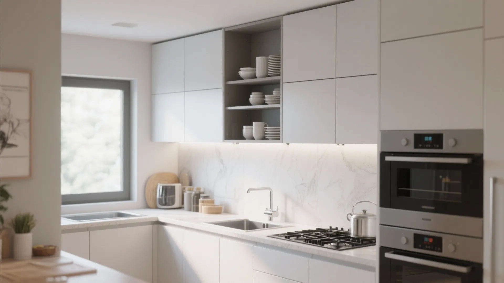 Modern white kitchen with grey cabinets marble backsplash gas stove double oven and natural light