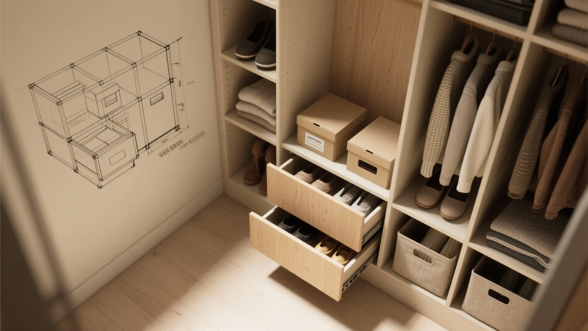 Modular light wood closet storage system with open shelves drawers hanging clothes and line drawing sketch