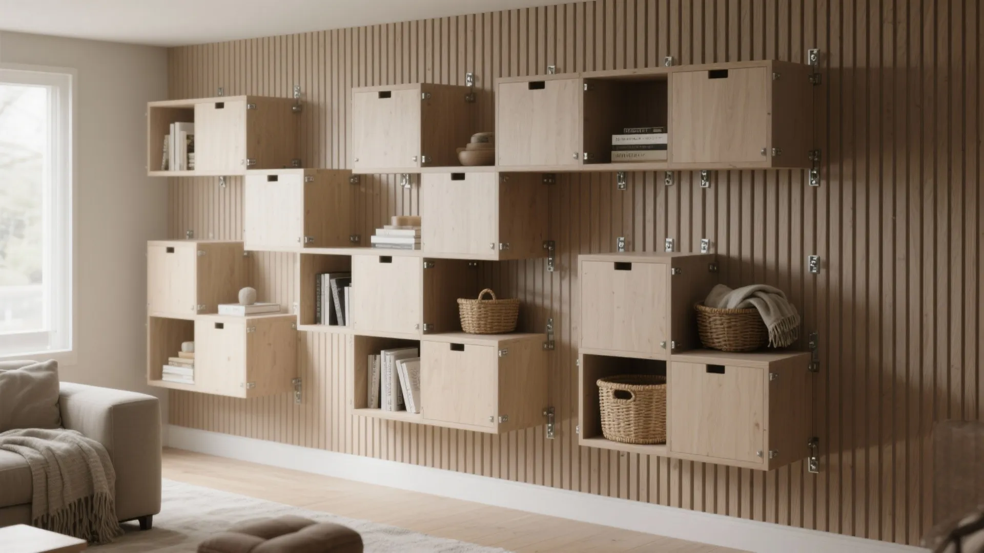 Modular wooden wall shelves mounted on a light wood panel in a modern living room