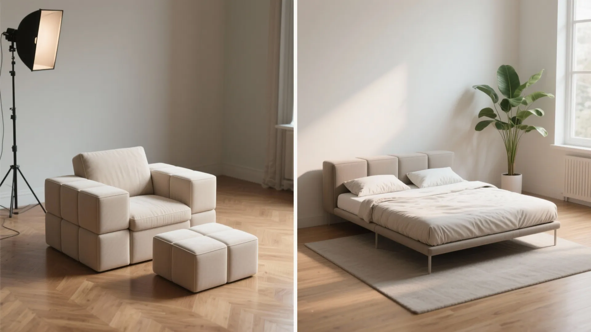 Side-by-side view showing a beige modular chair with footrest and a modern double bed setup