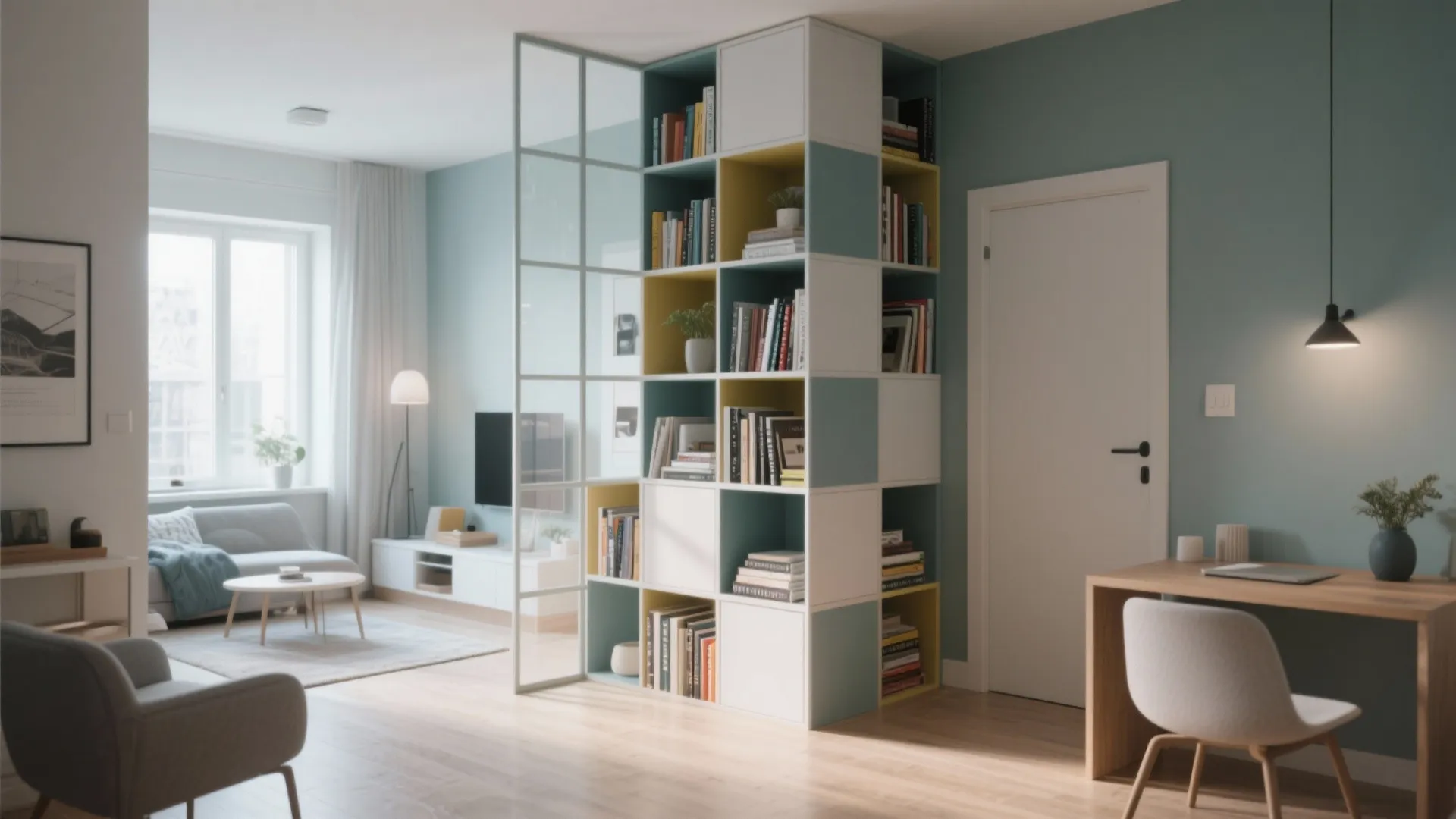 Colorful modular cube cabinet used as a room divider between living area and office space