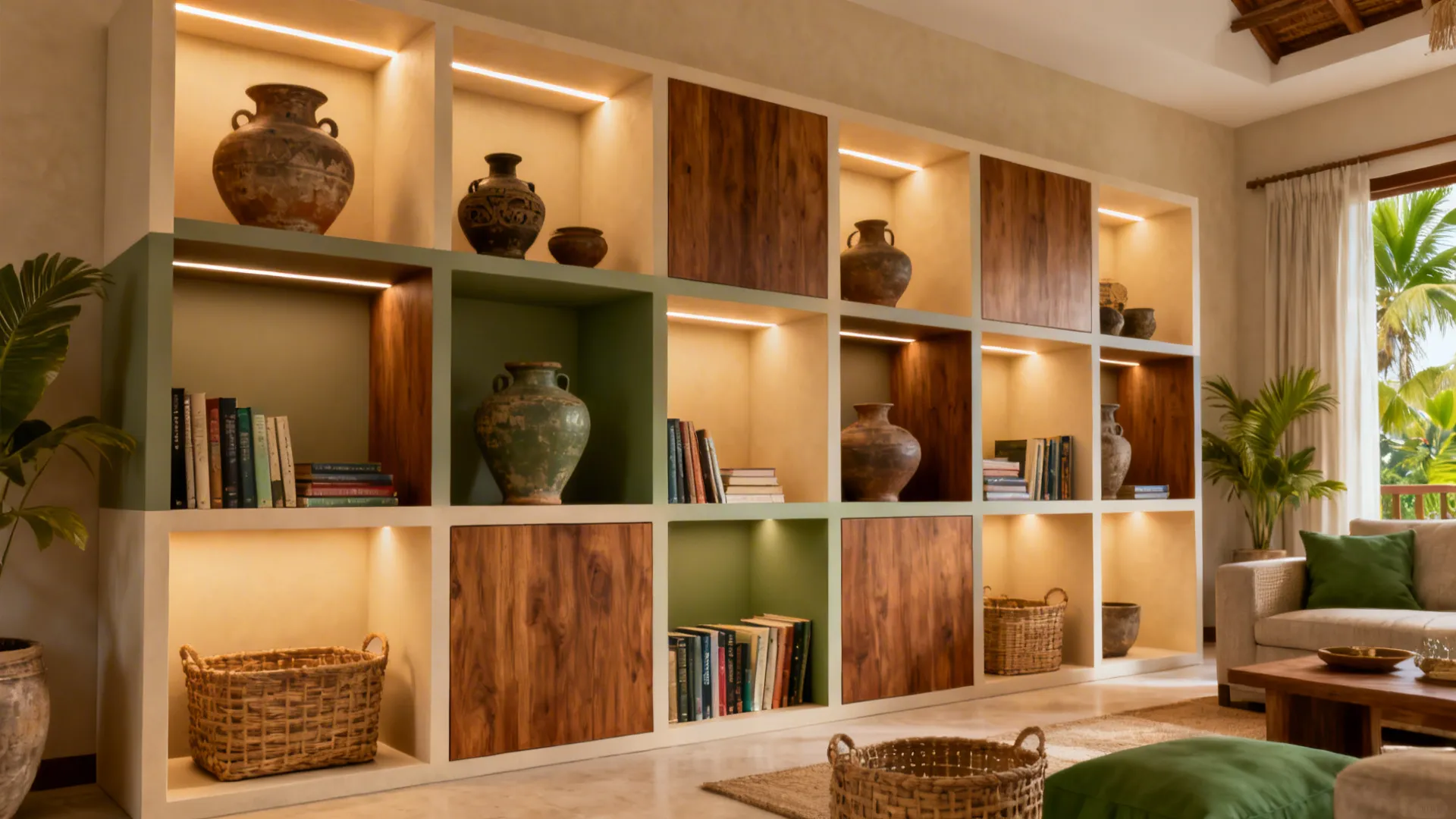 Large wall cabinet with built in lights holding books clay vases and decorative woven baskets