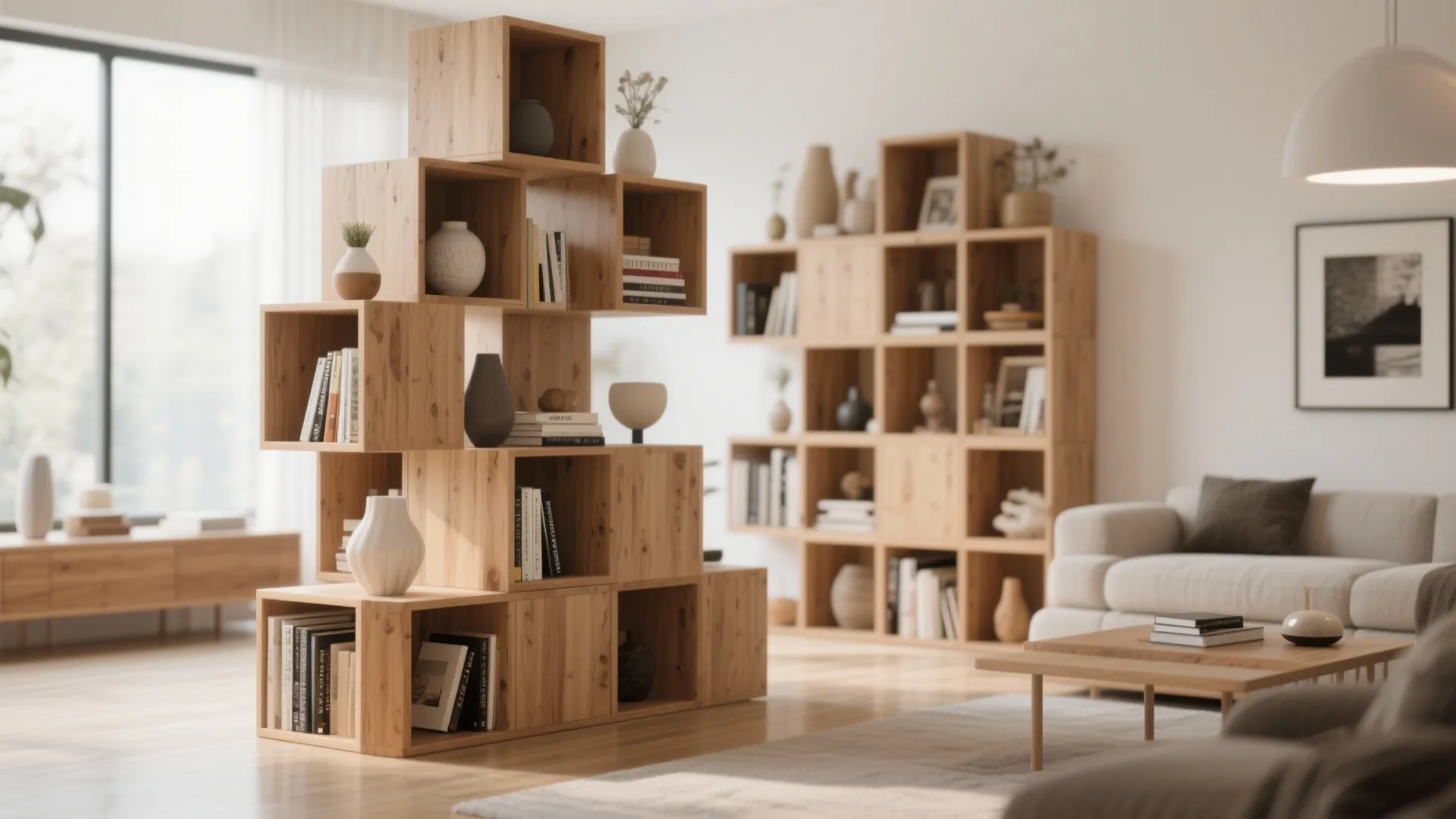 Modular cube units arranged with books and decor