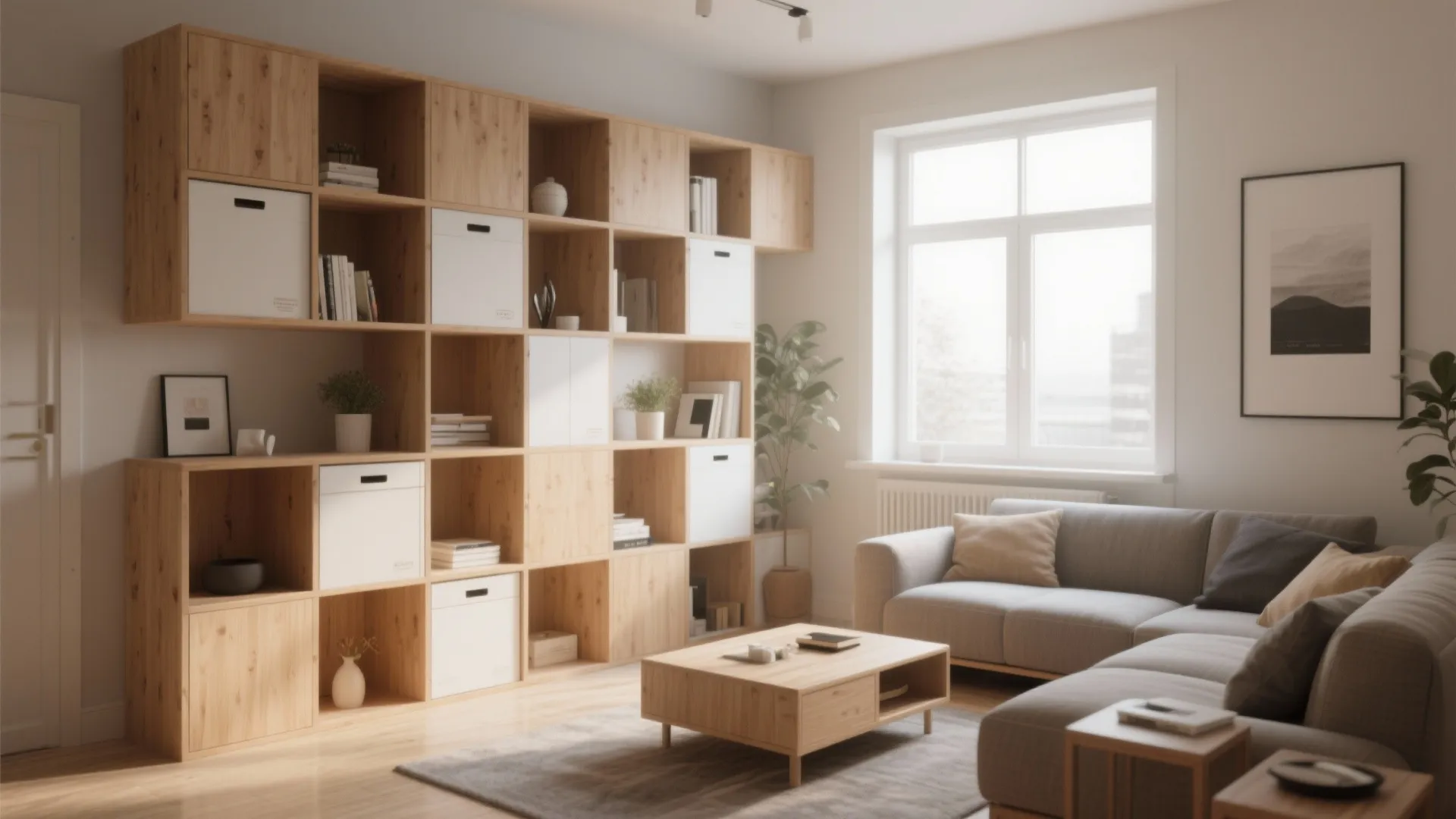Modern living room featuring large wooden modular wall shelves with white storage boxes and grey sofa