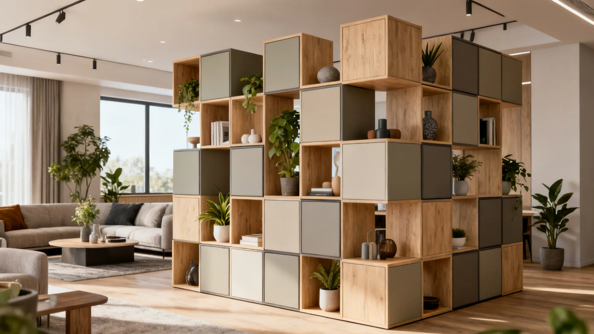 Modular cube shelving arranged asymmetrically as storage and a room divider with open and closed modules.