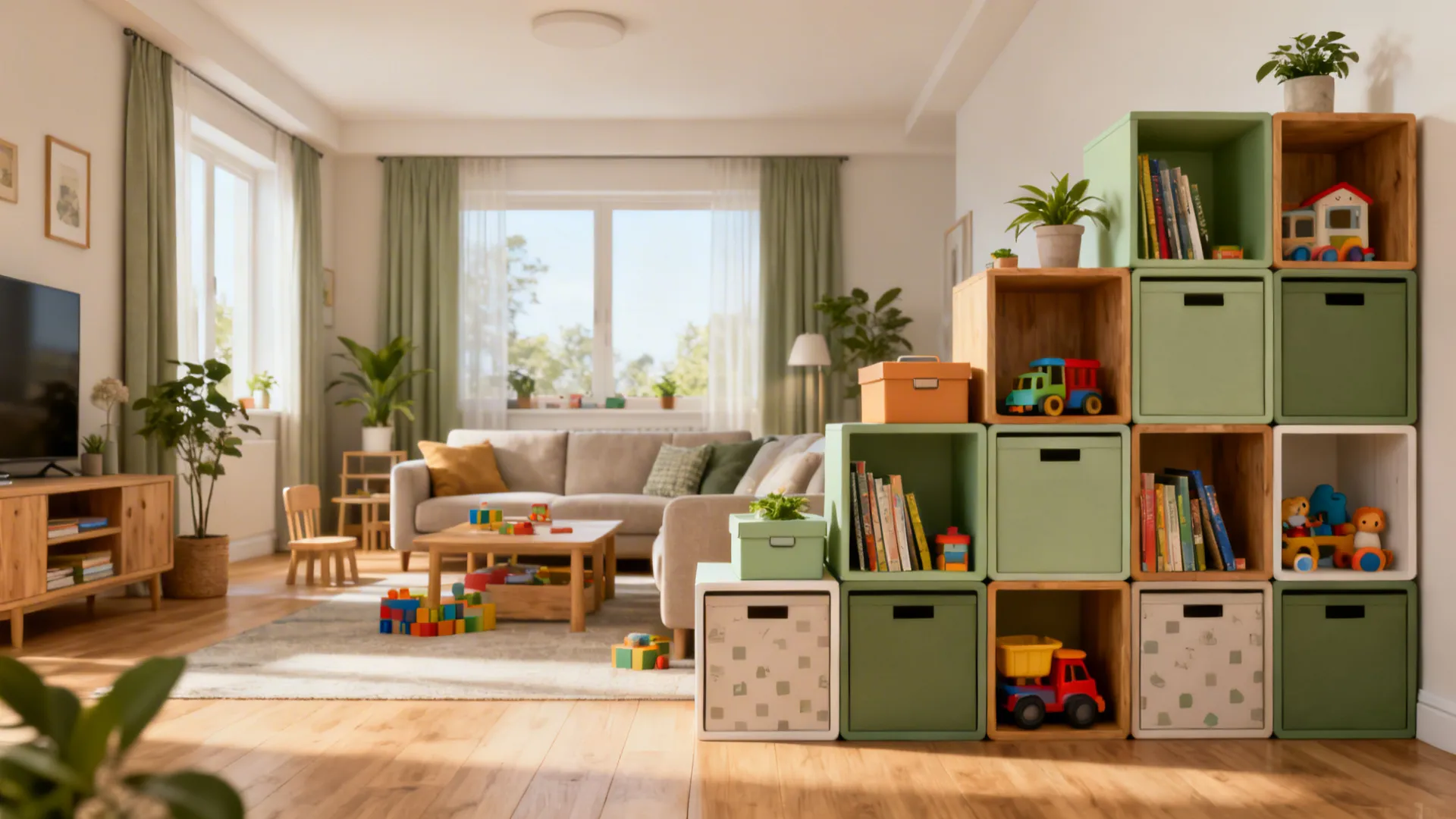 Modular green and wood cube shelves for toys and books in a bright sunny room