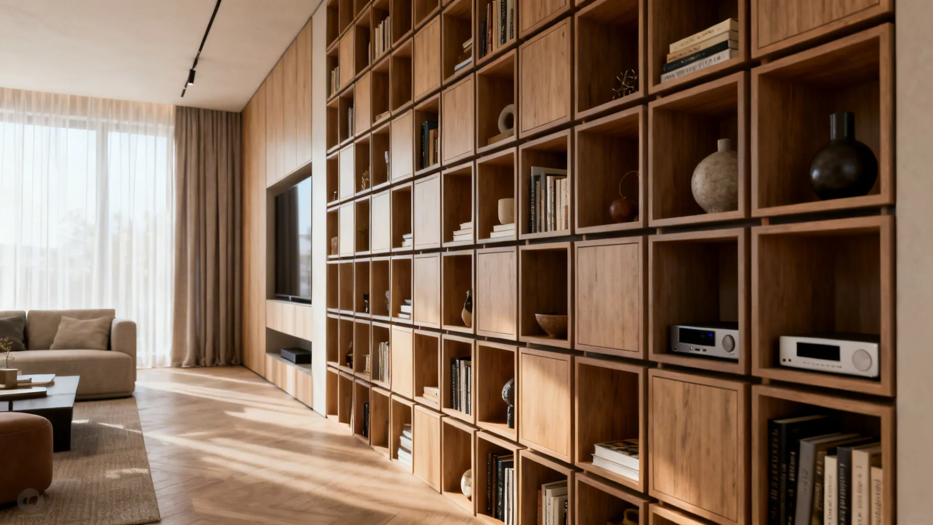 Modular cube shelving grid used as a multimedia center and display wall in a narrow living room.
