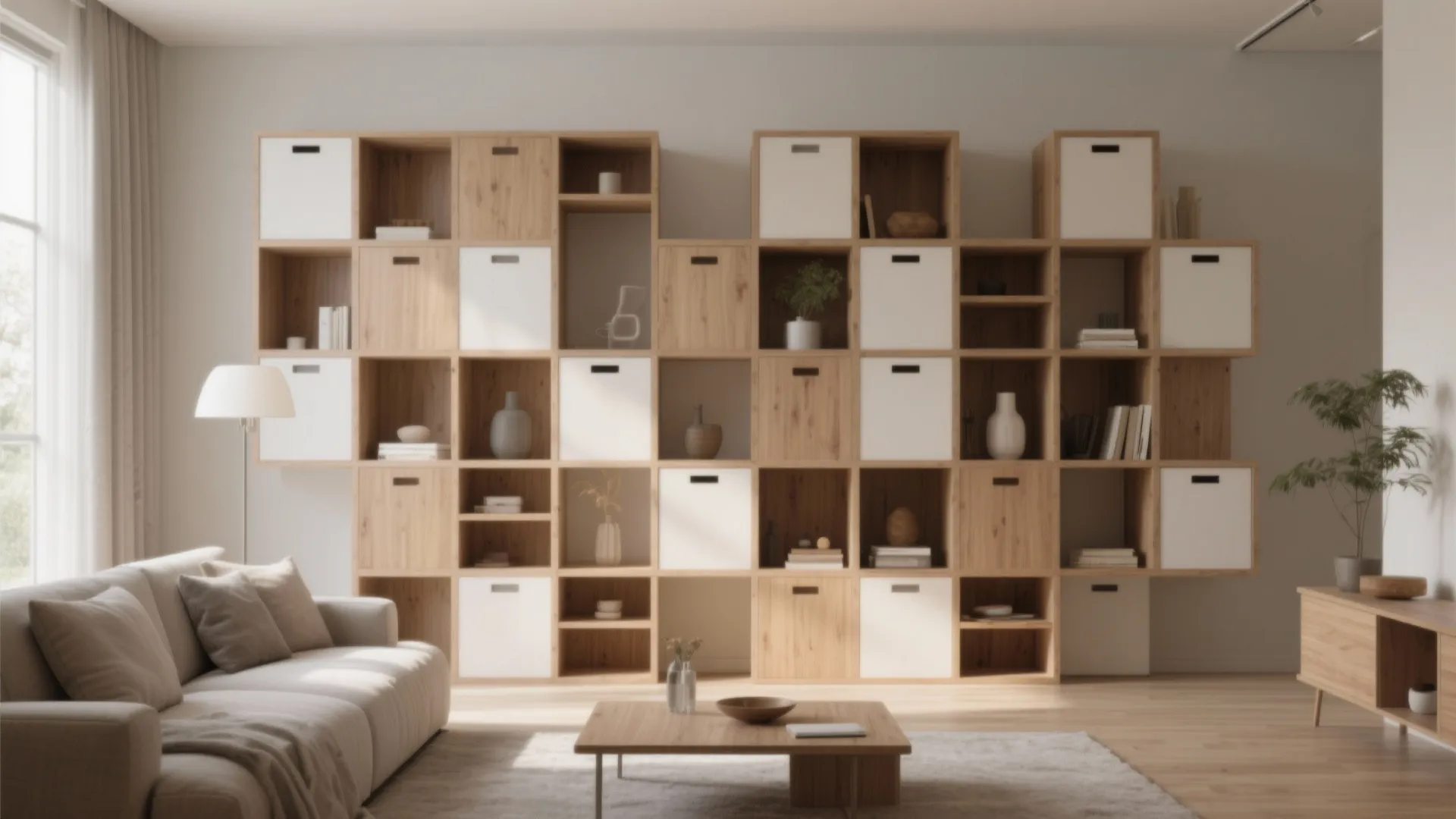 Modular cube shelving in living room with mixed storage
