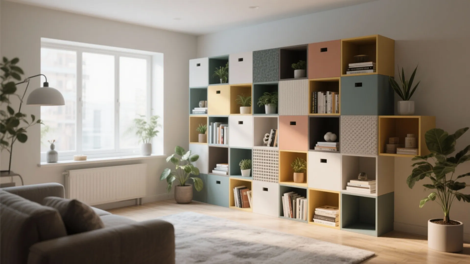 Modular cube shelving with books and plants in modern living room