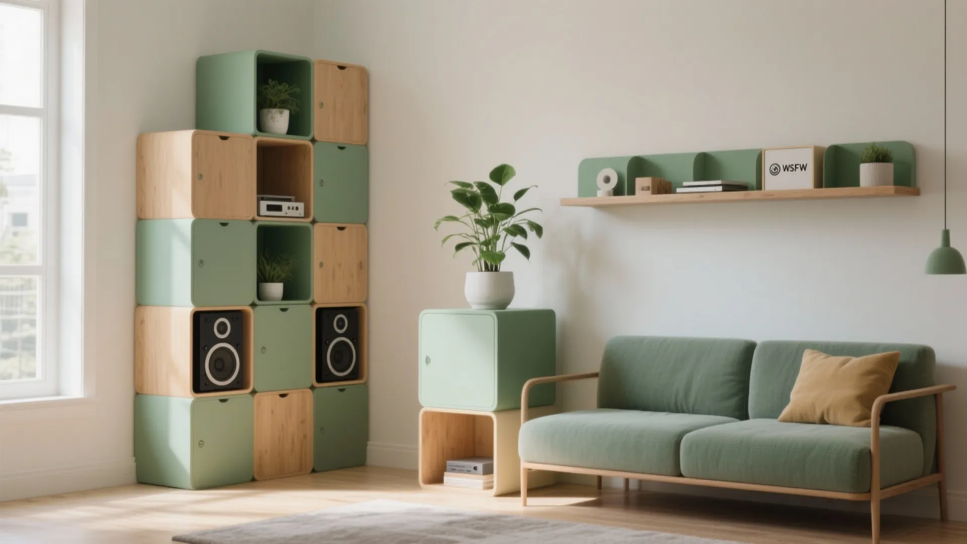 Modern living room featuring green sofa and modular square cabinet storage with small green plants
