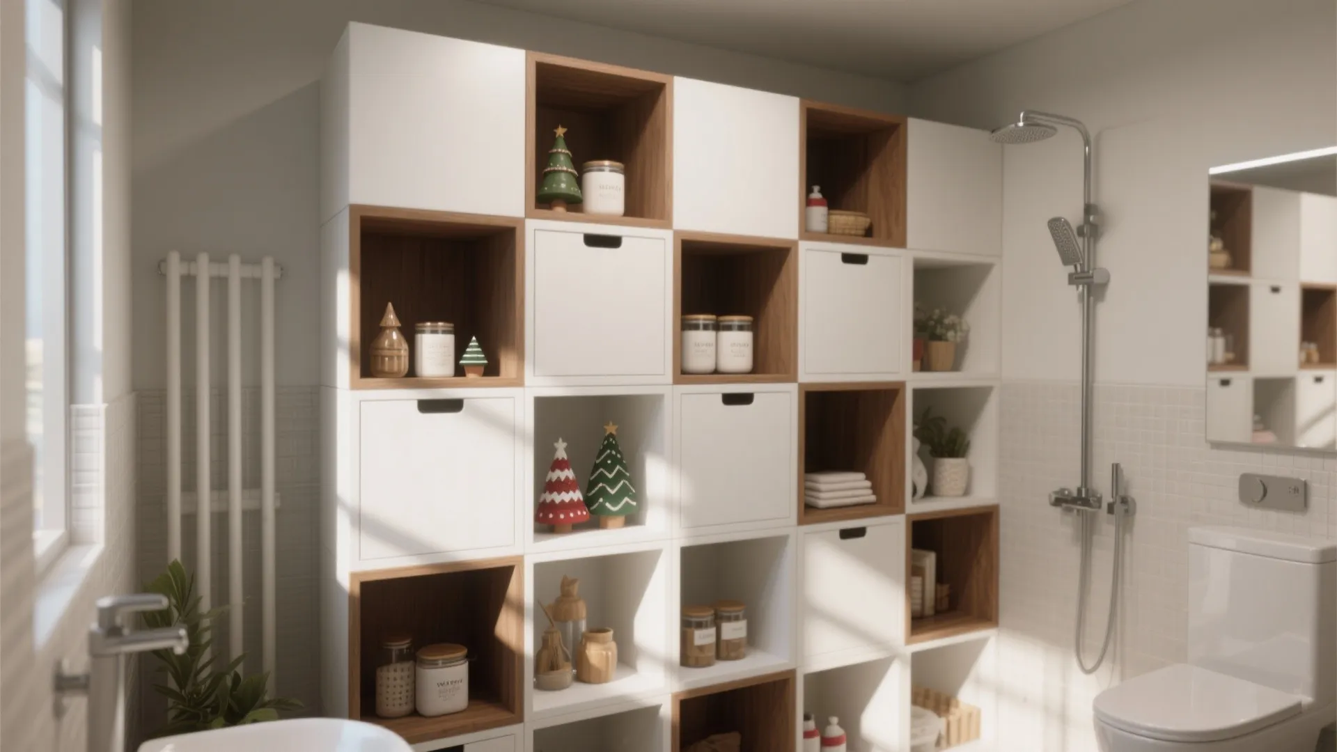 Modern white and wood bathroom cabinet with square storage boxes near shower and white toilet