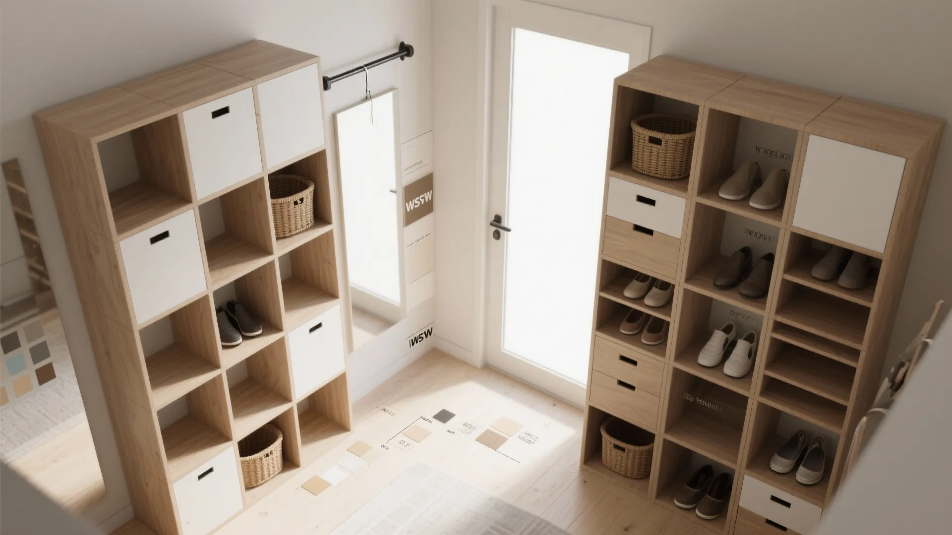 Top view of entryway storage featuring wood cube shelving units for shoes baskets and white drawers