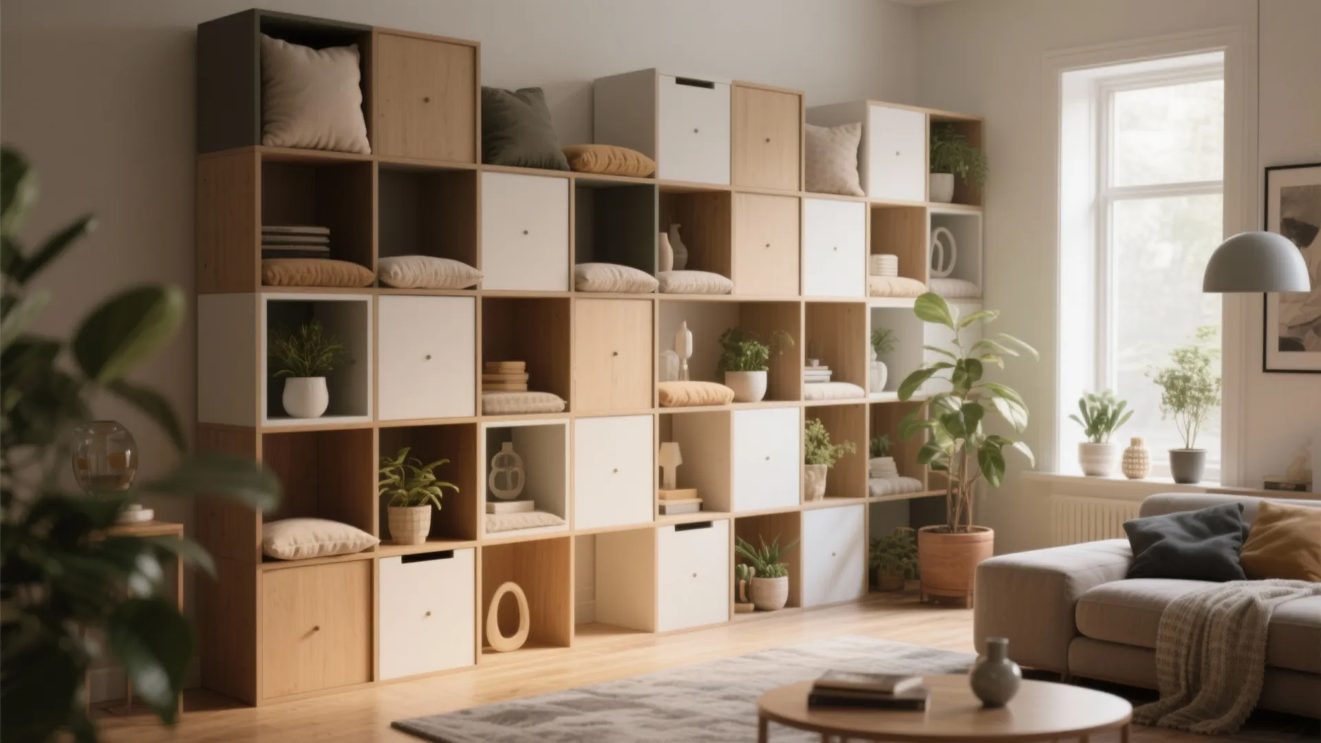 Modern living room featuring a large wooden modular shelf with white doors and green indoor plants