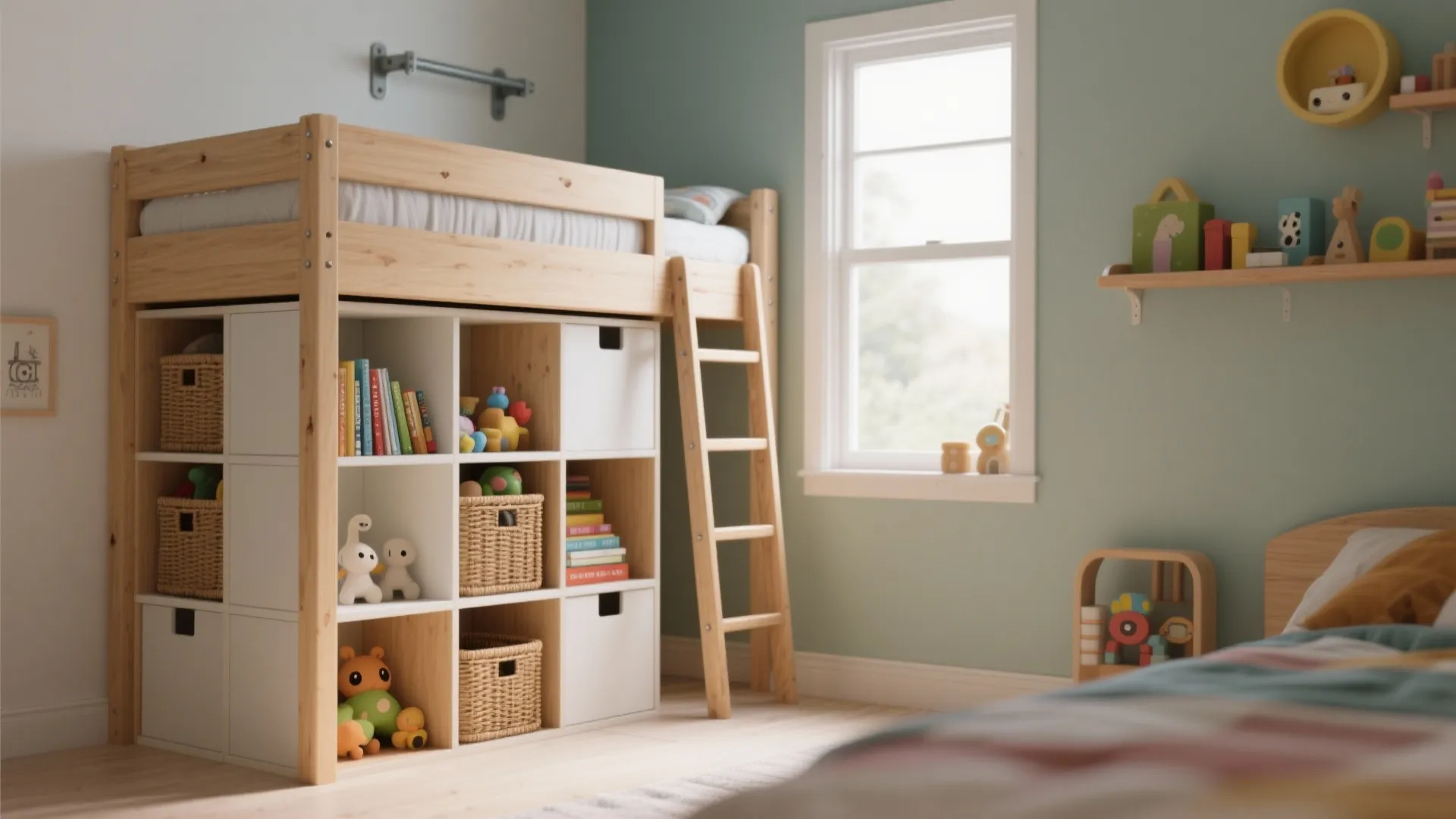 Staggered modular cube shelving beside a bunk bed serving as storage and mini-ladder, with baskets and books.