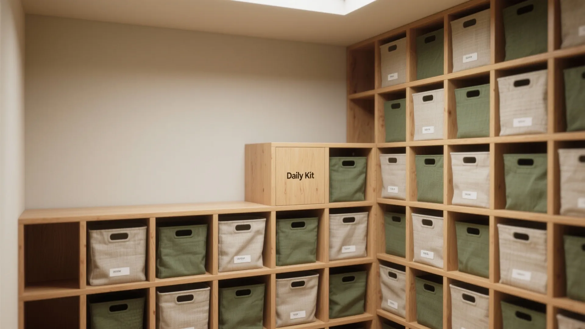 Large wooden shelf system with green and beige fabric baskets for organized home storage space