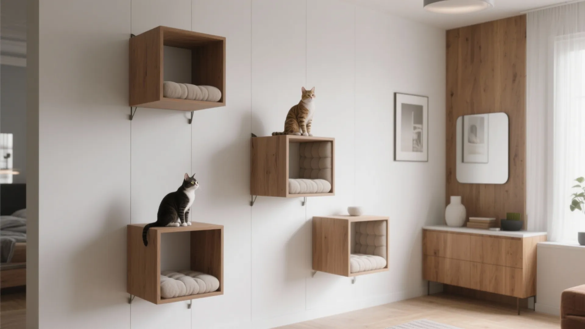 Modern wooden wall mounted cat cubes with soft cushions and two cats on white wall