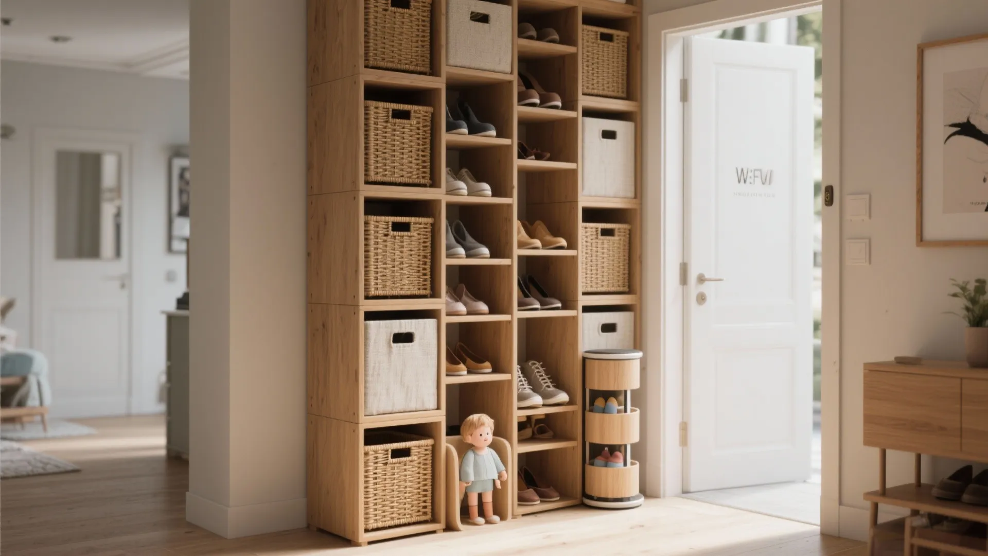 Stacked narrow modular shoe cubes with mixed open shelves and basketed sections in a small entry.