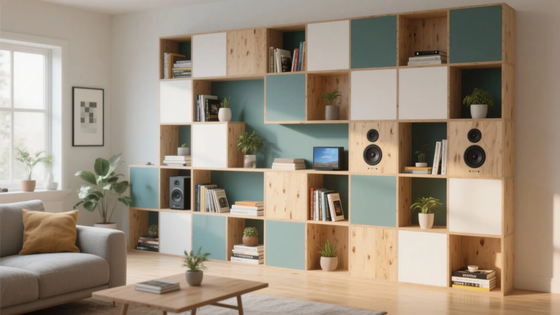 Large wooden cabinet with blue and white storage cubes filled with books and potted plants