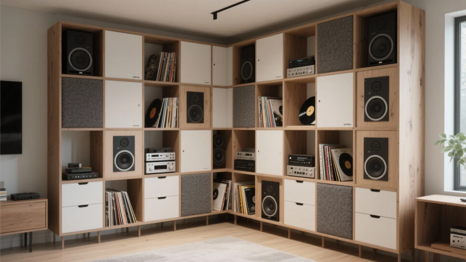 Modern wooden wall cabinet with many square shelves for speakers vinyl records and white drawers