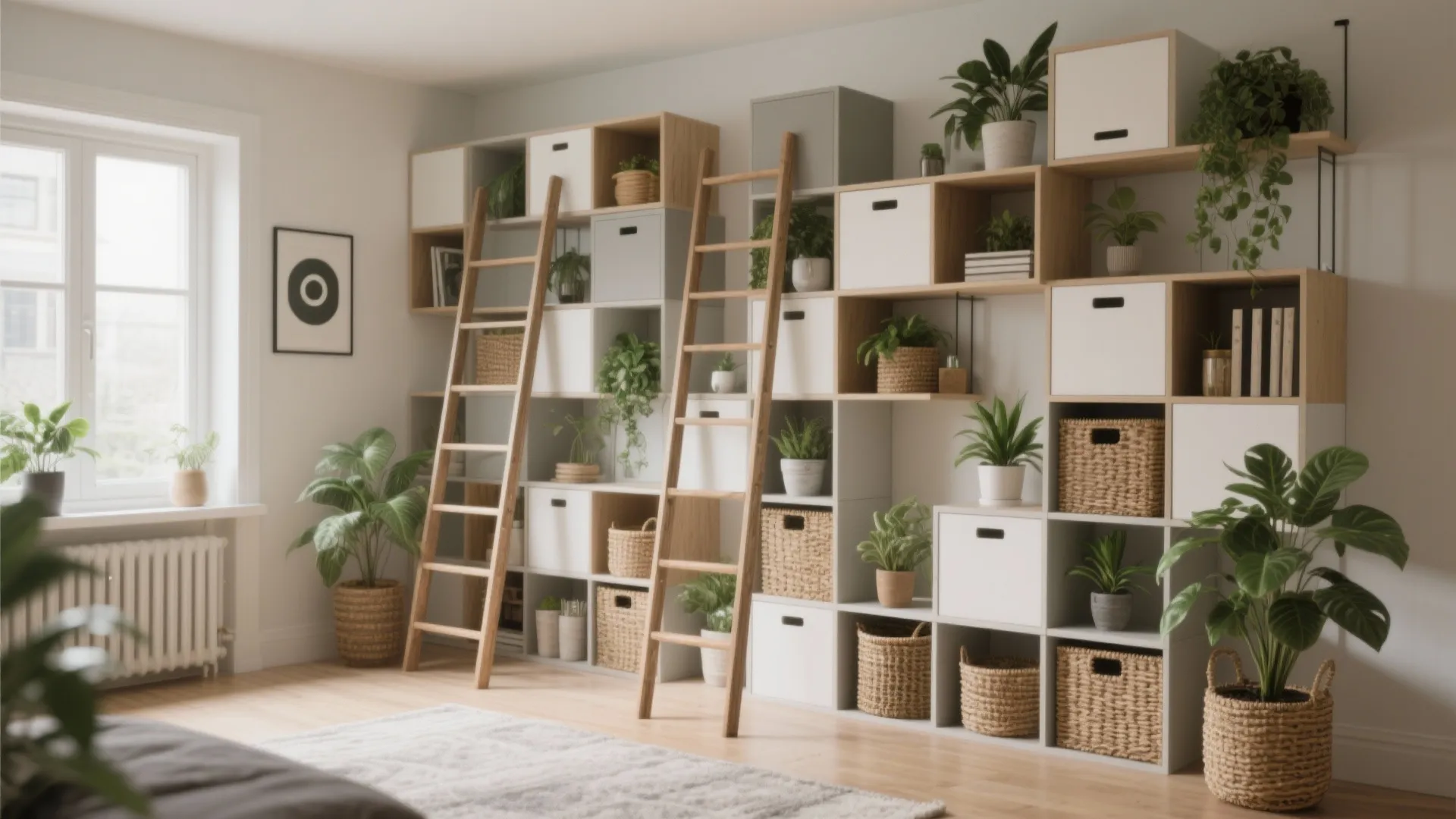 Modular ladder shelves and cube systems styled with baskets, plants and decor for flexible arrangements.