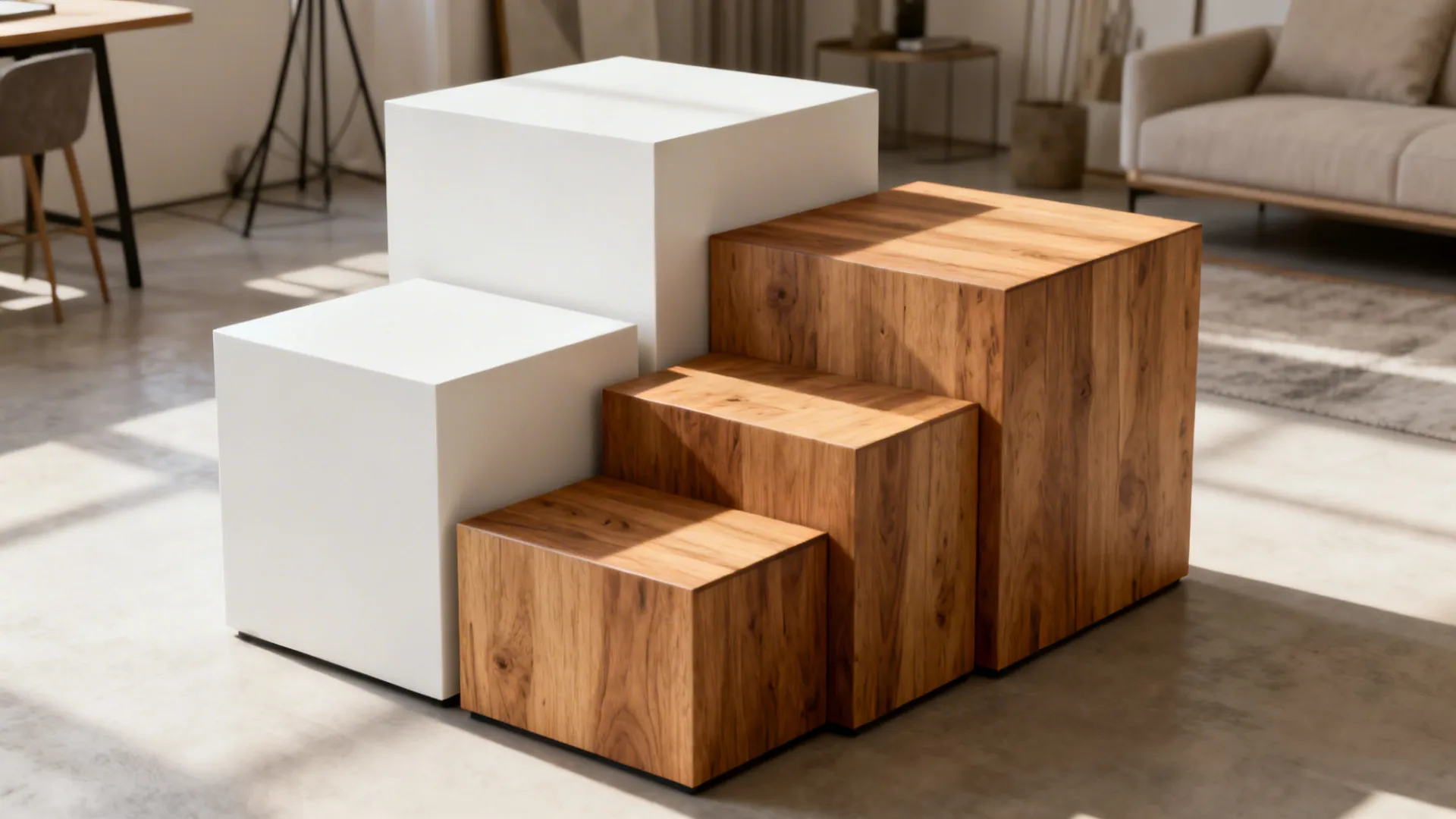 Multi-height modular cube tables arranged flexibly in a modern small studio