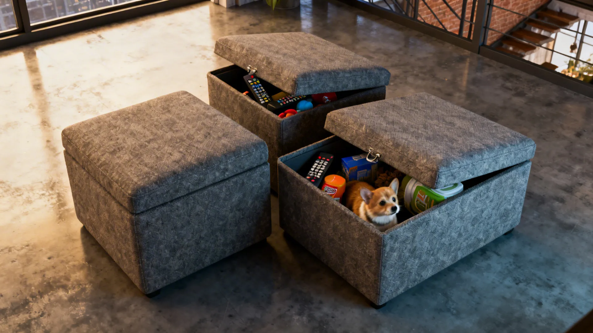 Three modular ottoman cubes configured for seating, each with hidden storage under the lid