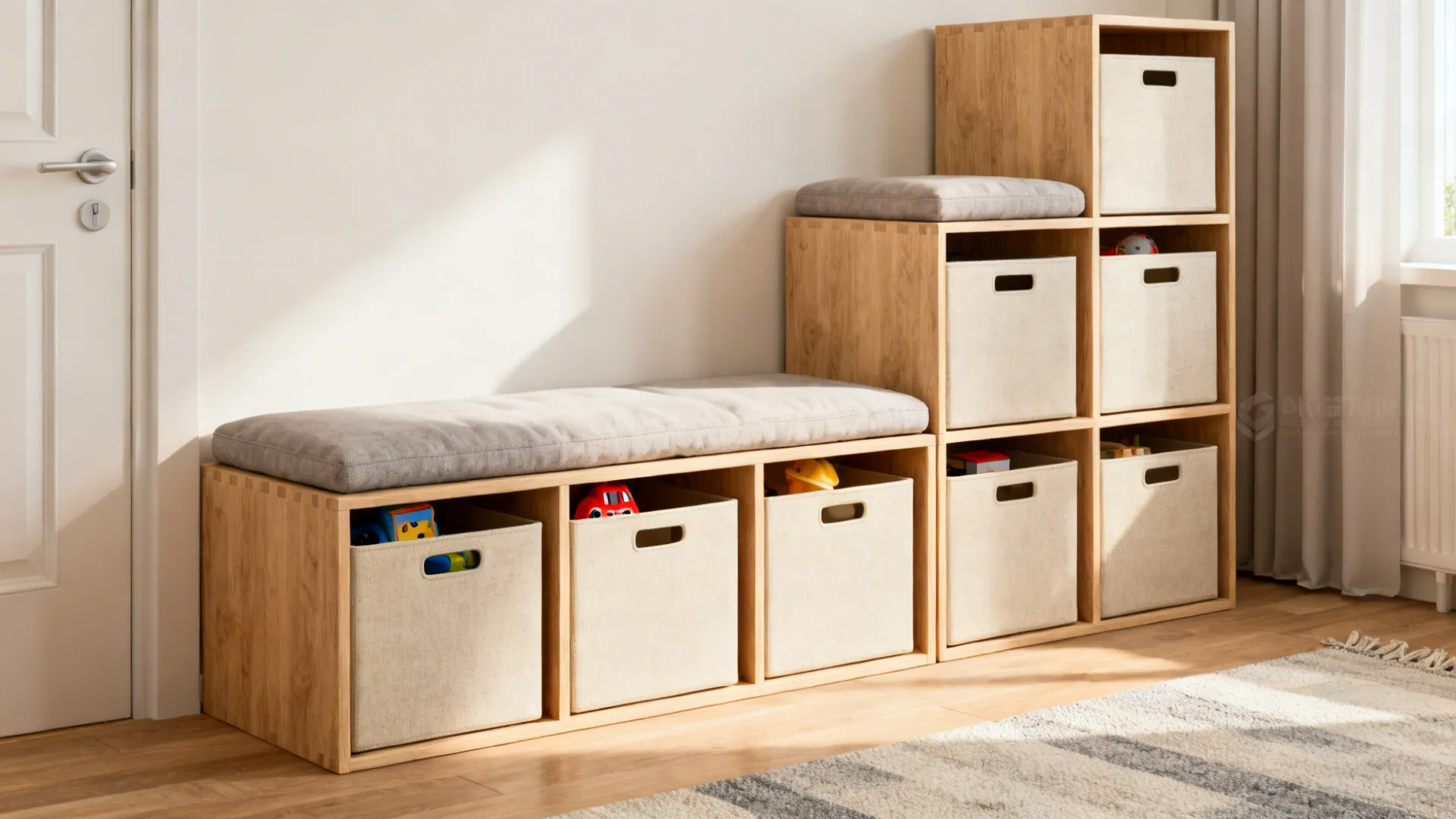 Modular storage cubes arranged as seating and shelving with uniform bins.